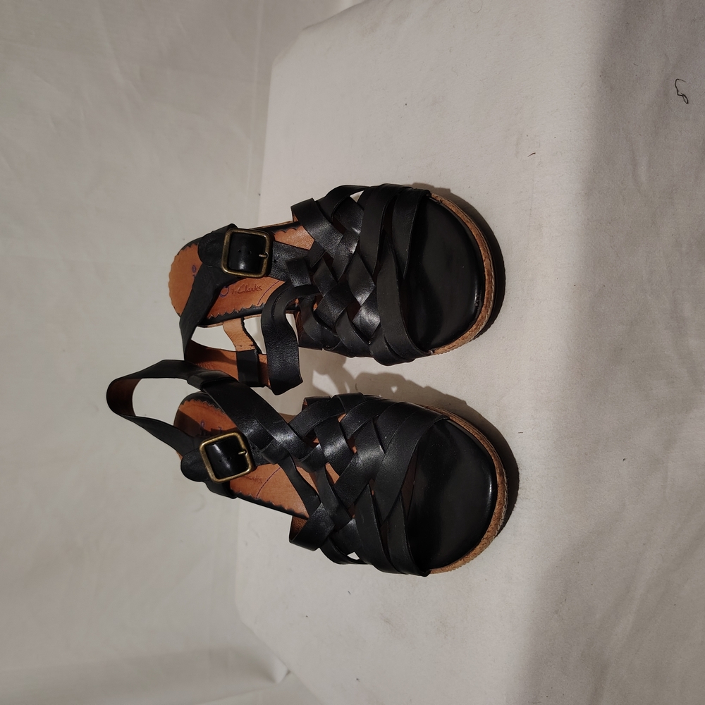 Indigo, by Clarks, black leather strappy wedge heels, size 8.5 M